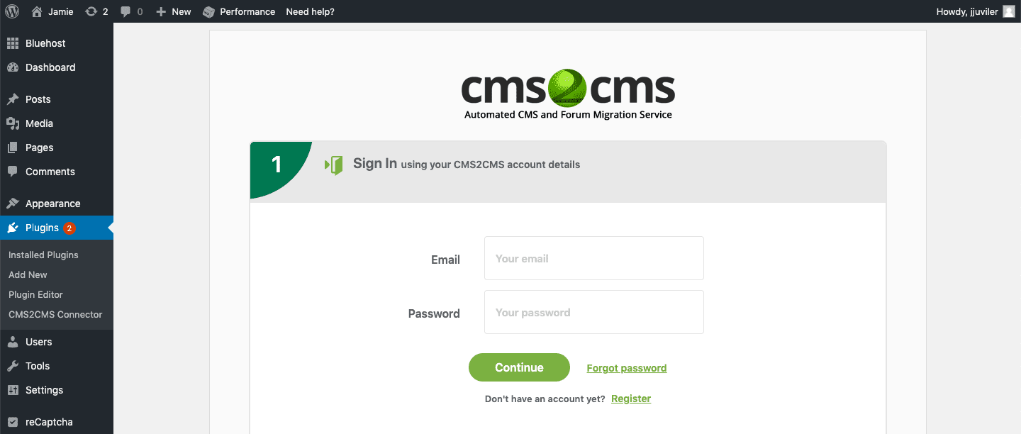 fill in account info in CMS2CMS plugin when converting Wix to wordPress